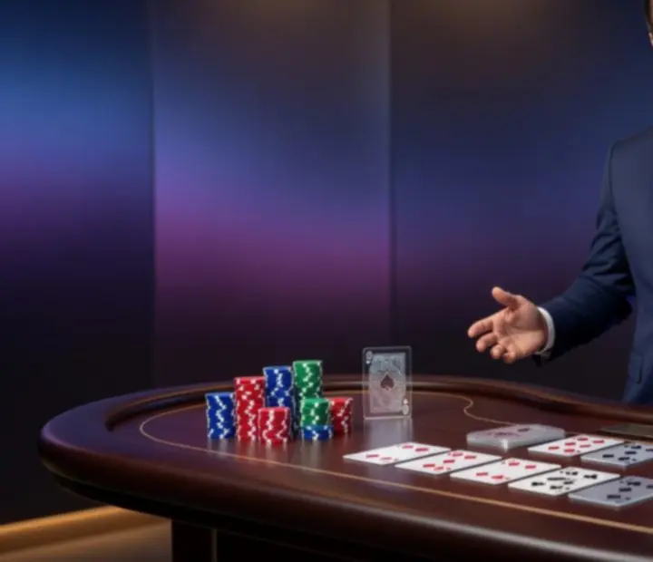 Animator prowadzący uczestników przy pokerowym stole