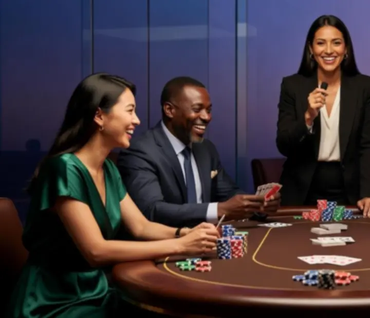 Uśmiechnięta grupa uczestników przy pokerowym stole w trakcie eventu