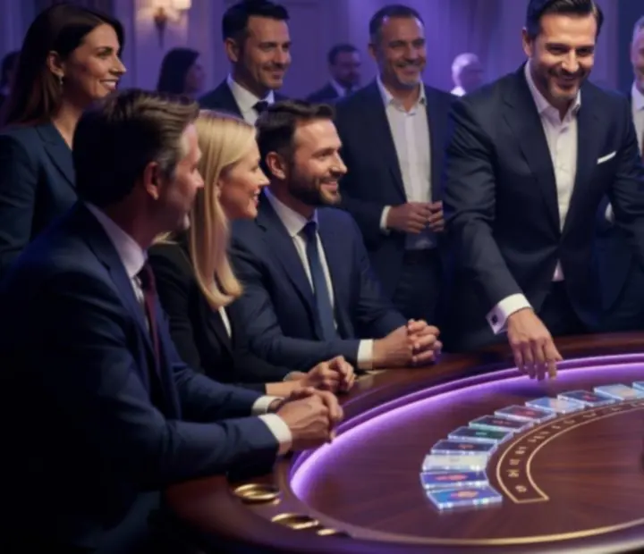 Prowadzący ruletkowy event w interakcji z gośćmi przy stole