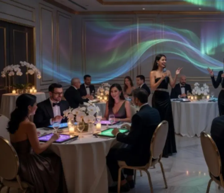 Elegancka sala przygotowana na prywatne wydarzenie z formatami stołowymi